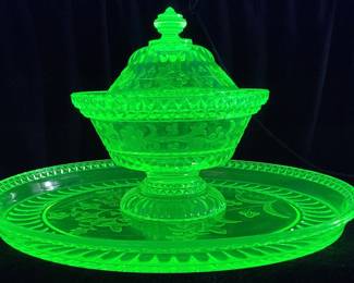 (2) ANTIQUE ADAMâ€™S & CO URANIUM GLASS TRAY & LIDDED CANDY JAR, WILDFLOWER PATTERN