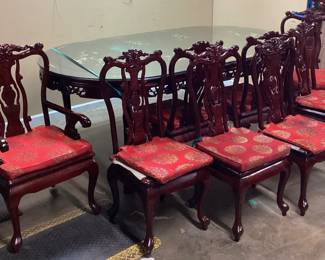 TRADITIONAL ROSEWOOD PEARL INLAY DINING SET, GLASS TOP, 8 CHIPPENDALE STYLE CHAIRS, STAINING ON THE CHAIR CUSHIONS, LEGS ON THE TABLE ARE LOOSE NO SHIPPING PICKUP ONLY
