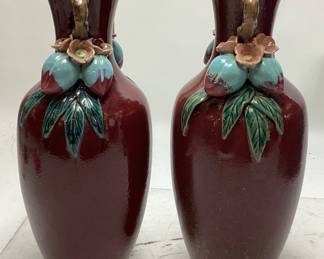PAIR OF CHINESE FALMBÃ‰ STYLE RED PORCELAIN VASES 14.75in H NO SHIPPING PICKUP ONLY