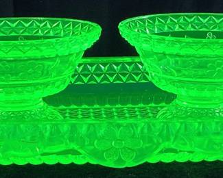 (3) ANTIQUE ADAMâ€™S & CO WILDFLOWER URANIUM GLASS CANDY BOWLS & RECTANGULAR TRAY