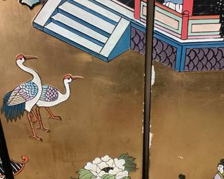 VTG. ASIAN BLACK LAQUER & GOLD COROMANDEL 4 PANEL FOLDING SCREEN ROOM DIVIDER, INTRICATE GEISHA, FLORAL, & CRANE DESIGN PAINT CHIP/SCUFFS, MISSING THE PINS FOR THE HINGES NO SHIPPING PICKUP ONLY