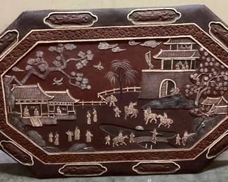 LARGE CARVED WOODEN ASAIN SCENE MOTIF WALL ART NO SHIPPING PICKUP ONLY