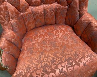 PAIR OF VTG. NAPOLEON III STYLE ARMCHAIRS, MAHOGANY TRIM, TUFTED DAMASK FABRIC NO SHIPPING PICKUP ONLY