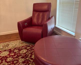 Powered Leather Chair Recliner, Leather Ottoman, Rug
