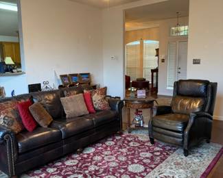 Leather Couch and Recliner, Rug, Side Table, Pillows