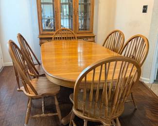 Dining set with leaves; Cabinet in back