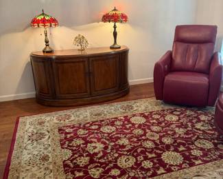 Powered Leather Chair Recliner, Rug, Side Cabinet, Two Lamps