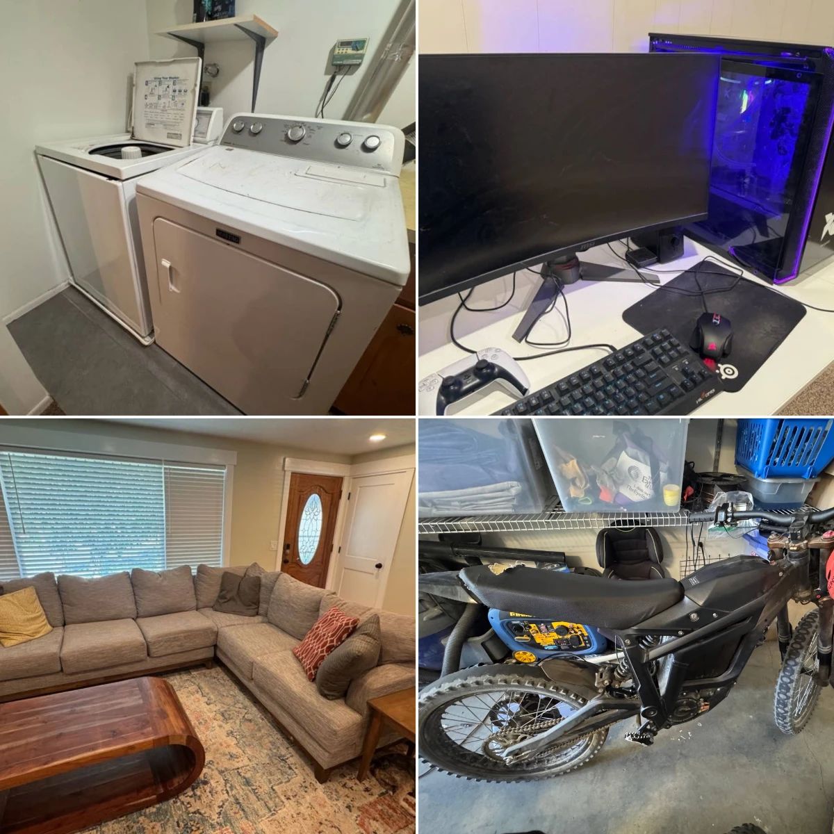 Washer, dryer, gaming computer setup, sectional couch, electric bike (Ebike)