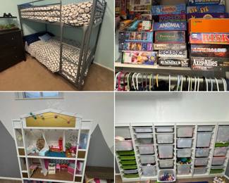 Bink bed, board games, doll house, toy bin storage organizer