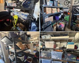 Garage shelves, storage bins, supplies, gear