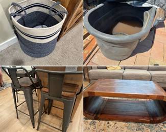 fabric basket, trough, bar chairs, coffee table