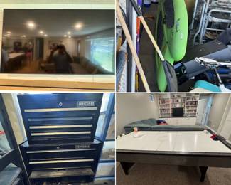 Flat screen tv, paddle board, tool chest, air hockey table