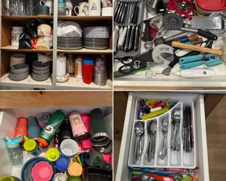 Bowls, cups, mugs, water bottles, knives, utensils, baby utensils