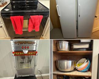 oven, stove, freezer, popcorn maker, kitchen goods