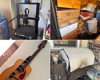 3D printer, bee keeper boxes, bee frames, guitar, smoker