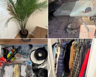 House plant, outdoor table, bullet blender, coats, jackets