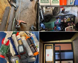 weed whacker, lights, building supplies, whet stones, knife sharpener, cooler