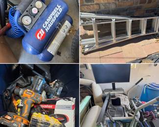 Air compressor, ladder, cordless drill, portable table saw
