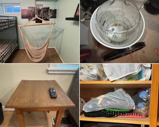 hammock chair, table, crochet supplies, yarn