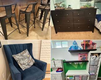 Stools, chair, bin organizers, dresser