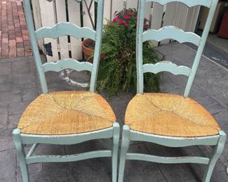  Set of Four, French Ladder Back Chairs with Rush Seats