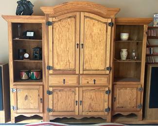 Lot #9 - $500 - Pine 3 piece entertainment center/ bookshelves - 80-1/2" H x 96"W. center piece is 43"W, 2 side pieces are each 26-1/2"W.