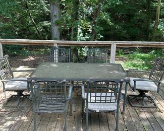 Lot #61 - $180 Aluminum patio table with glass top and 6 chairs, 2 swivel