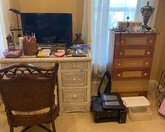Desk, small dresser, printer, etc.