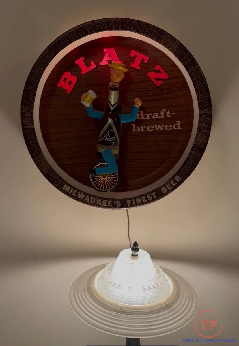 Vintage BLATZ Beer Bottle Man Unicycle Light Up Motion Advertisement