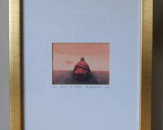 This framed artwork is a lithograph titled "One Lama at Dusk" by artist Jian Hai Zhao.