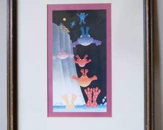 This is a framed "Leaping Frogs" print by American pop artist Stewart Moskowitz, featuring a whimsical scene of colorful frogs diving.