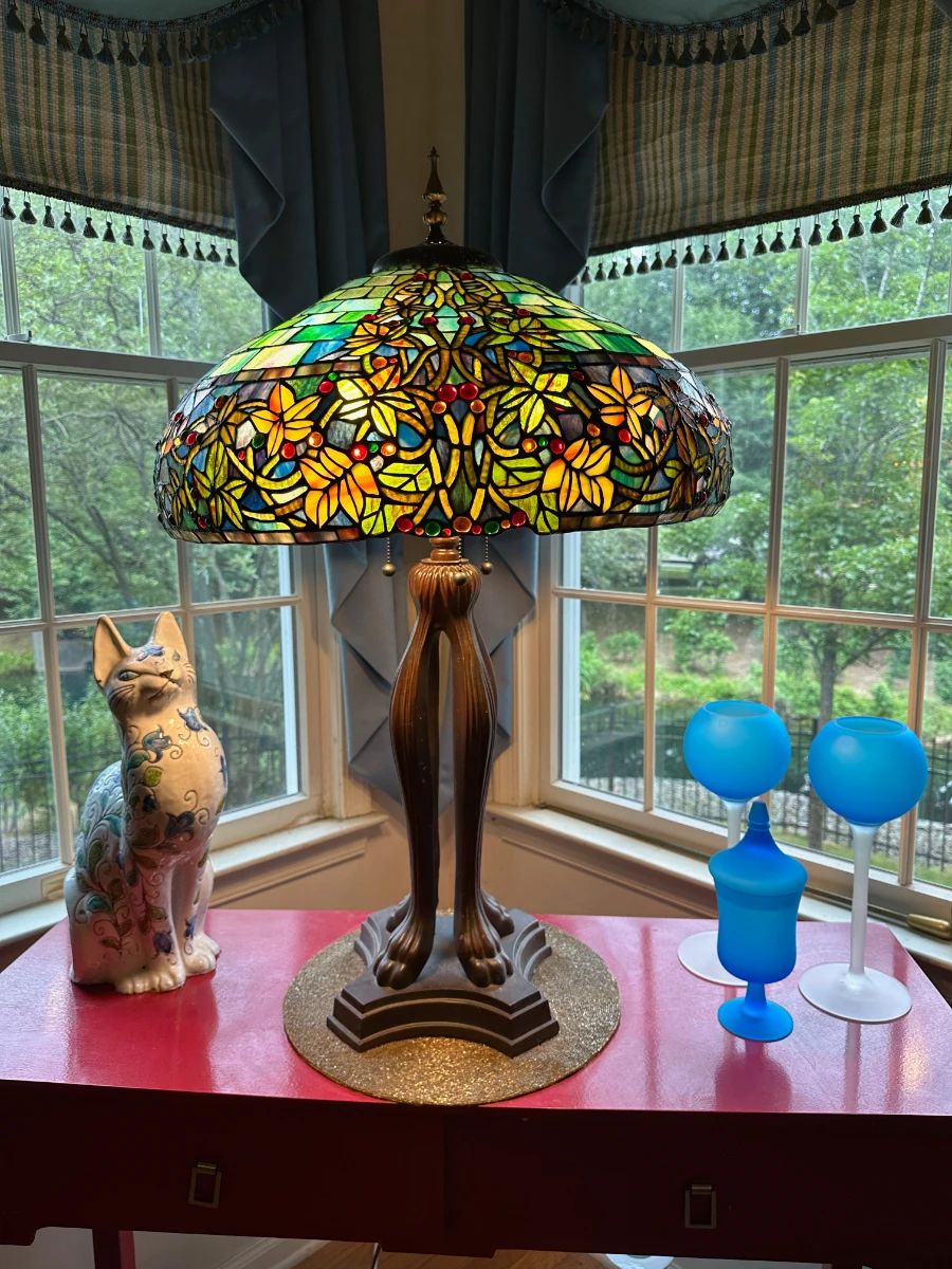 Large Tiffany Style Table Lamp, Colored Glass