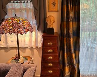 Table Lamp w/ Tiffany Style Shade,  Pyramid Chest, Bust of Artemis