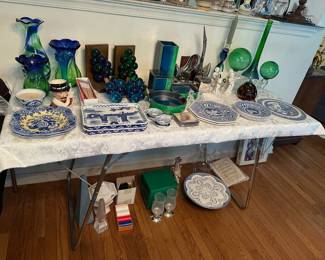 Colored Glass, Blue & White Dishes, Vintage Lucite Grapes