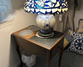 Blue & White Tiffany Style Akiko Lamp, Wine Cooler Table