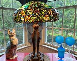 Large Tiffany Style Table Lamp, Colored Glass