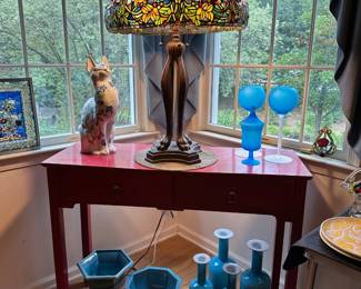 Large Tiffany Style Table Lamp, Colored Glass, Red Table