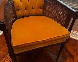 Vintage Mid Century Barrel Cane Back Orange Velvet Chair