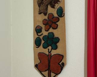 Burlap and hooked yarn wall hangings
