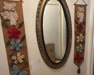 Burlap & hooked yarn wall hangings, entryway mirror
