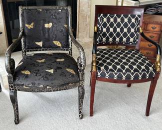 Side Chairs: Black Crackle Butterfly Upholstery - Chinoiserie Detail with Geometric Upholstery
