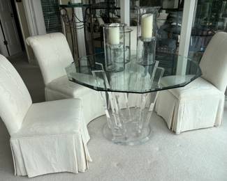 Hollywood Regency Lucite Table with Glass Top and 4 Upholstered Parsons Chairs