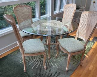 Century French Provincial Glass Top Dining Table - 4 Coordinating Cane Back Chairs