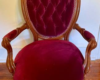 ANTIQUE ARMED VELVET PARLOR CHAIR