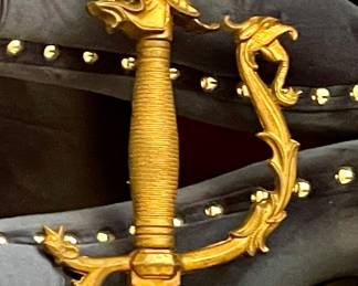 VINTAGE DECORATIVE SWORD WITH DRAGON HEAD HANDLE ON DISPLAY STAND