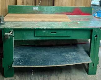 SHOP BENCH WITH VISE, PENCIL SHARPENER & POWER SUPPLY