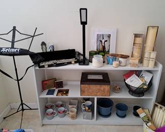 FLUTE WITH CASE, BEES WAX AND OTHER CANDLES, DALI ITEMS, NEW CREMATION BOX FOR ASHES, SMALL CANDLES