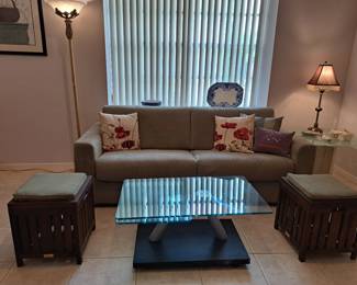SOFA BED - TWO STOOLS, MULTI SWING GLASS TABLE, FLOOR AND TABLE LAMPS