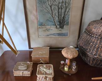 Art work.and shaker woven boxes
