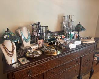 Costume & vintage jewelry, stainglass lamps
